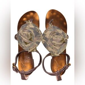 Rare! Guiseppe Zanotti Brown and Green Flower Camo Sandals 8.5B